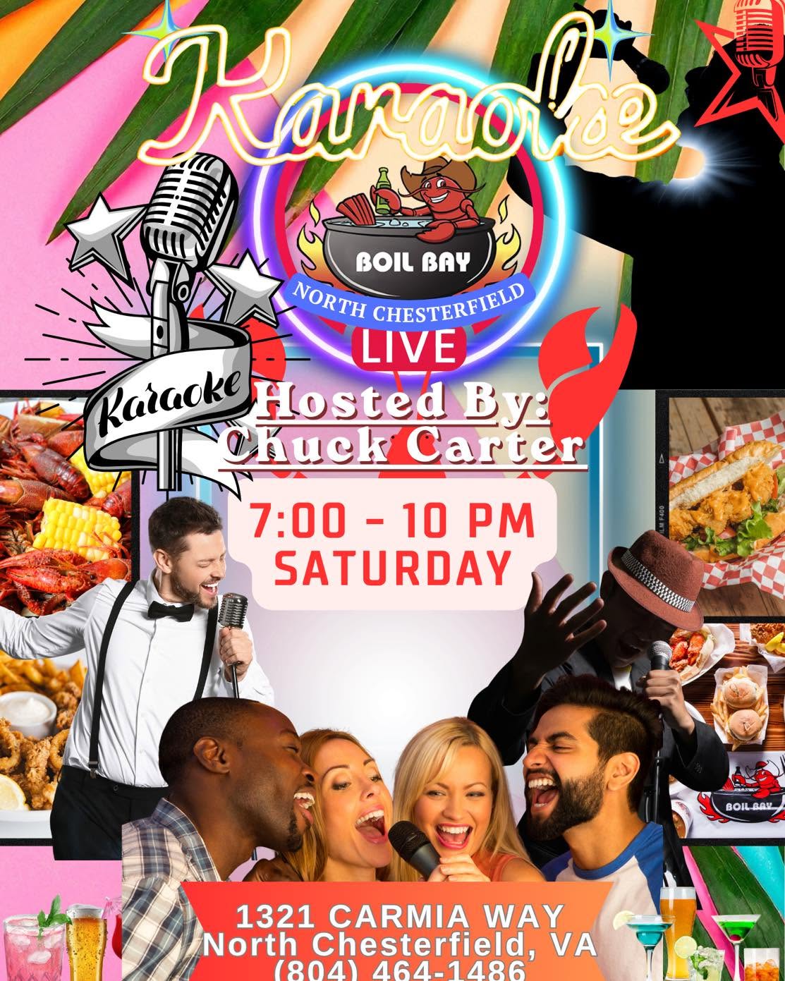 Saturday Karaoke Night — Hosted by Chuck Carter, 7–10 PM every Saturday at Boil Bay North Chesterfield